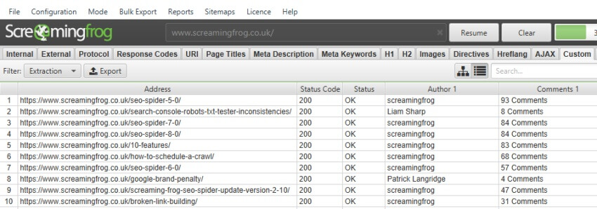 screaming frog extract top posts